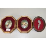 PAIR OF MINIATURE PICTURES IN OCTAGONAL GILT FRAMES, TOGETHER WITH A FURTHER PEWTER PLAQUE OF A