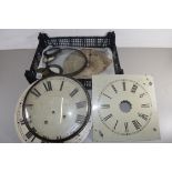 BOX OF MIXED ITEMS TO INCLUDE A 19TH CENTURY BAROMETER DIAL, TWO CLOCK FACES, ETC