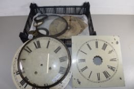 BOX OF MIXED ITEMS TO INCLUDE A 19TH CENTURY BAROMETER DIAL, TWO CLOCK FACES, ETC