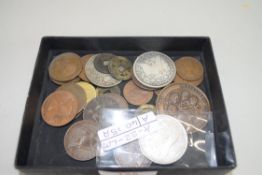 BOX OF WORLD COINAGE, TOKENS, ETC
