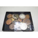 BOX OF WORLD COINAGE, TOKENS, ETC