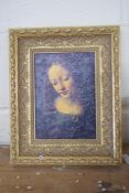 AFTER LEONARDO DA VINCI, COLOURED PRINT IN FOLIATE MOULDED GILT FRAME, 36CM WIDE