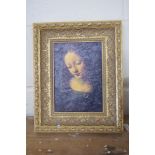 AFTER LEONARDO DA VINCI, COLOURED PRINT IN FOLIATE MOULDED GILT FRAME, 36CM WIDE