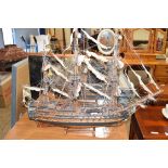 MODEL OF A THREE-MASTED WARSHIP, 80CM WIDE