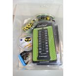 BOX OF GOLF ITEMS TO INCLUDE DUNLOP SCORE CARD COUNTER AND BOXES OF MASTERS ULTRA-GRIP PRO METAL