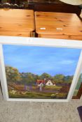 MIXED LOT COMPRISING R STRACHAN STUDY OF A COUNTRY COTTAGE, OIL ON CANVAS, TOGETHER WITH A FURTHER