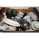 BOX OF MIXED TEA WARES, ARK STUDIO POTTERY VASE, DECORATED PLATES ETC