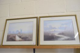 AFTER DAVID DANE, TWO COLOURED PRINTS, BROADLAND SCENES WITH WINDMILLS, F/G, 53CM WIDE