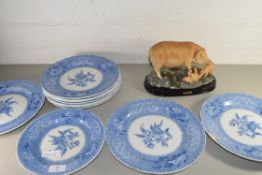 MIXED LOT COMPRISING QTY OF SPODE CAMELLIA PATTERN PLATES TOGETHER WITH A RESIN MODEL OF A PIG