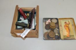 TOOLBOX OF MIXED ITEMS TO INCLUDE VINTAGE NEEDLES, A CIGARETTE TIN CONTAINING COINAGE, THIMBLES ETC
