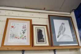 MIXED LOT COMPRISING AFTER J CLARKE, BLACK AND WHITE PRINT OF A PEREGRINE FALCON, PLUS FURTHER