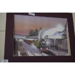 STUDY OF A STEAM TRAIN ARRIVING AT STATION IN WINTRY CONDITIONS, MOUNTED BUT UNFRAMED, 50CM WIDE