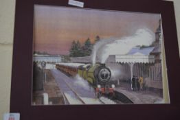 STUDY OF A STEAM TRAIN ARRIVING AT STATION IN WINTRY CONDITIONS, MOUNTED BUT UNFRAMED, 50CM WIDE