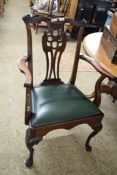 REPRODUCTION MAHOGANY FRAMED CARVER CHAIR IN THE GEORGIAN STYLE WITH GREEN INSET SEAT, 100CM HIGH
