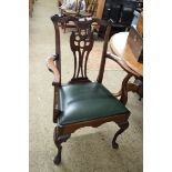 REPRODUCTION MAHOGANY FRAMED CARVER CHAIR IN THE GEORGIAN STYLE WITH GREEN INSET SEAT, 100CM HIGH