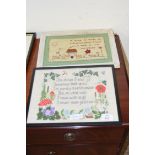 TWO MODERN NEEDLEWORK SAMPLERS, HOUSE AND GARDEN THEMED, BOTH FRAMED, 34CM WIDE