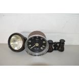 VINTAGE CAR SPEED GAUGE, PAIR OF OPERA GLASSES AND A VINTAGE HEADLAMP