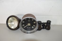 VINTAGE CAR SPEED GAUGE, PAIR OF OPERA GLASSES AND A VINTAGE HEADLAMP