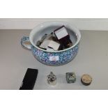 CHAMBER POT CONTAINING MIXED ITEMS TO INCLUDE WRIST WATCHES, WHITE METAL TRINKET BOXES, SMALL BRONZE