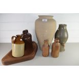 MIXED LOT OF STONEWARE BOTTLES, LARGE POTTERY VASE, AND A WOODEN FRUIT BOWL ETC