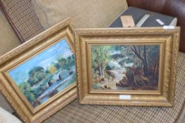 LAKE AND FALLS NEAR BATH, AND RIVER BRIDGE IN COUNTY LIMERICK, BOTH OIL ON BOARD, GILT FRAMED,
