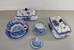 STAFFORDSHIRE OLD HISTORICAL POTTERY OVERSIZED BLUE AND WHITE CUP AND SAUCER, TOGETHER WITH A PAIR