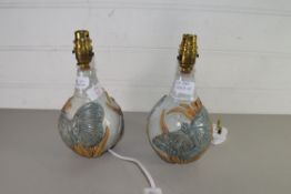 BERNARD ROOKE, PAIR OF STONEWARE STUDIO POTTERY TABLE LAMP BASES DECORATED WITH BUTTERFLIES