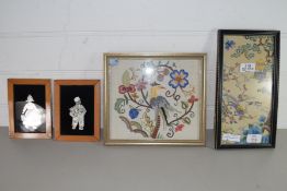 MIXED LOT OF PAIR OF FOIL WORK PICTURES OF A BOY AND GIRL, PLUS TWO FURTHER NEEDLEWORK PICTURE