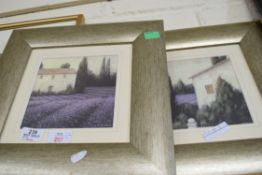 AFTER J WIENS, TWO COLOURED PRINTS, TUSCAN HOUSES WITH LAVENDER FIELDS