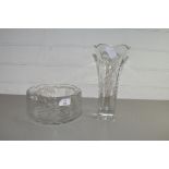 CRYSTAL GLASS CIRCULAR BOWL AND MATCHING VASE DECORATED WITH FUCHSIA FLOWERS