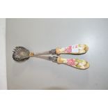 SILVER PLATED AND POTTERY MOUNTED SALAD SERVERS