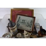 BOX OF MIXED ITEMS TO INCLUDE GERMAN BEER STEIN, REPRODUCTION LACONS ADVERTISING PRINT, HAVANA