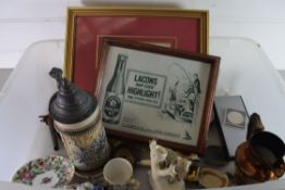 BOX OF MIXED ITEMS TO INCLUDE GERMAN BEER STEIN, REPRODUCTION LACONS ADVERTISING PRINT, HAVANA