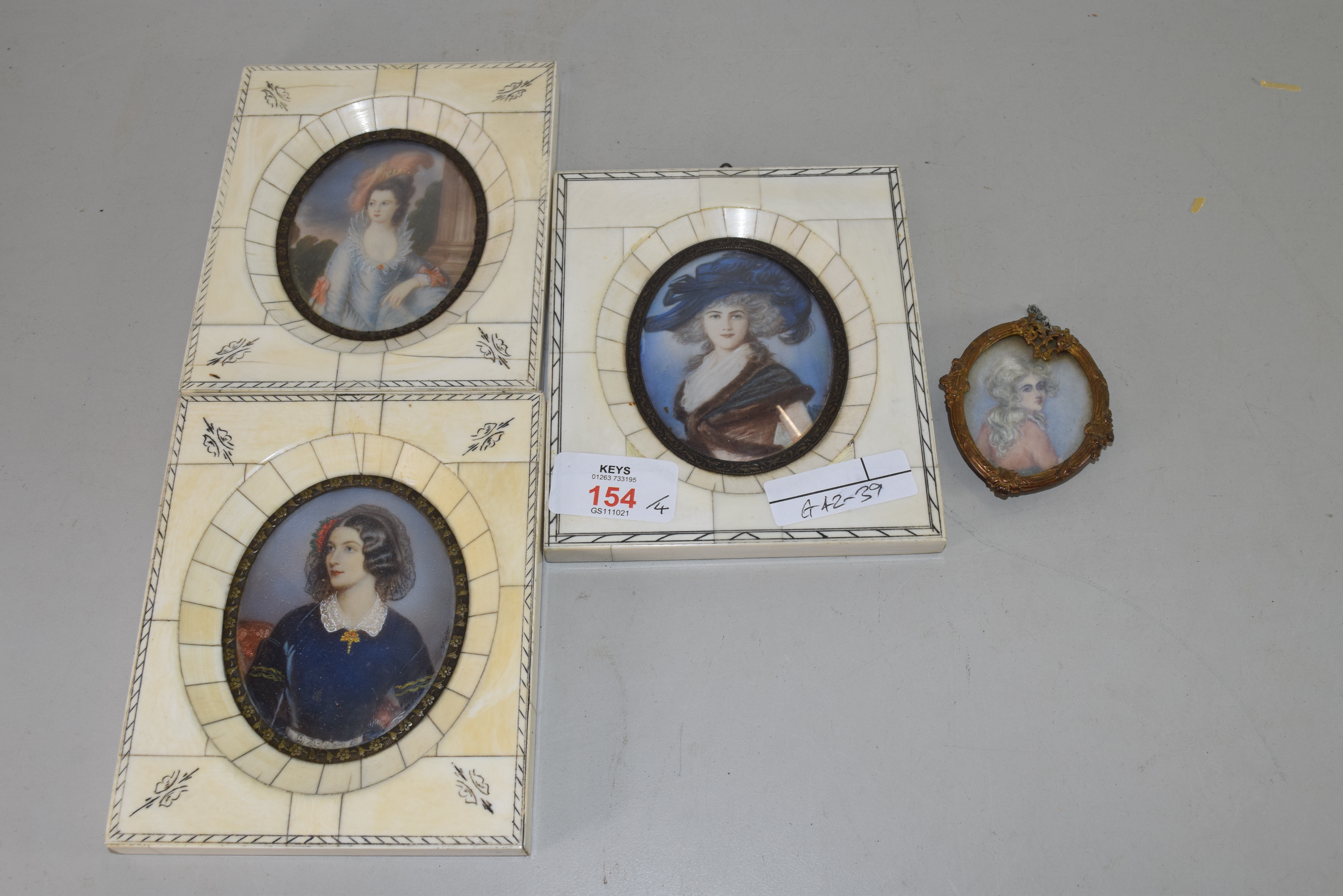 SET OF THREE MINIATURE PORTRAIT PICTURES SET IN IVORY PIANO KEY FRAMES TOGETHER WITH ONE FURTHER