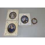 SET OF THREE MINIATURE PORTRAIT PICTURES SET IN IVORY PIANO KEY FRAMES TOGETHER WITH ONE FURTHER