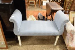 20TH CENTURY BLUE UPHOLSTERED WINDOW SEAT ON TURNED LEGS REQUIRING RE-UPHOLSTERY, 105CM WIDE