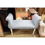 20TH CENTURY BLUE UPHOLSTERED WINDOW SEAT ON TURNED LEGS REQUIRING RE-UPHOLSTERY, 105CM WIDE