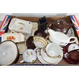 BOX OF MIXED WARES TO INCLUDE ORIENTAL TEA SET, MINIATURE JAPANESE TEA POT, CHEESE DISHES, ROYAL