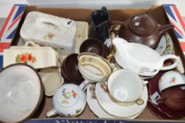 BOX OF MIXED WARES TO INCLUDE ORIENTAL TEA SET, MINIATURE JAPANESE TEA POT, CHEESE DISHES, ROYAL