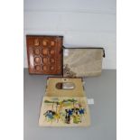 MIXED LOT COMPRISING A LEATHER FOLDER DECORATED WITH HERALDIC DETAIL, AN ORIENTAL CLUTCH BAG
