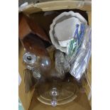 BOX OF MIXED DECANTERS, DRINKING GLASSES, PEWTER CANDLESTICK, WOODEN CHOPPING BOARD ETC