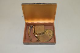 SILVER PLATED CIGARETTE BOX WITH WOOD LINING CONTAINING A LADIES ROTARY GOLD PLATED WRIST WATCH,