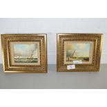 PAIR OF SMALL OILS OF SHIPPING SCENES BEARING SIGNATURE 'SCHREUDER', GILT FRAMED, 22CM WIDE