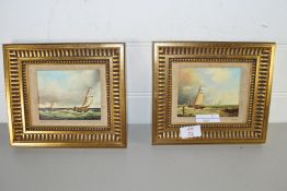 PAIR OF SMALL OILS OF SHIPPING SCENES BEARING SIGNATURE 'SCHREUDER', GILT FRAMED, 22CM WIDE