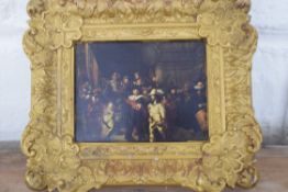 AFTER REMBRANDT, SMALL COLOURED PRINT IN FOLIATE GILT FRAME, 20CM WIDE