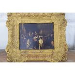 AFTER REMBRANDT, SMALL COLOURED PRINT IN FOLIATE GILT FRAME, 20CM WIDE