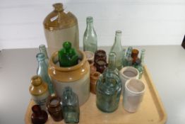 TRAY OF MIXED STONE AND GLASSWARE BOTTLES AND A LARGE FLAGON FROM LANCASTER