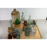 TRAY OF MIXED STONE AND GLASSWARE BOTTLES AND A LARGE FLAGON FROM LANCASTER