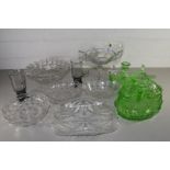 MIXED LOT COMPRISING A GREEN GLASS DRESSING TABLE SET, GLASS BOWLS AND DISHES
