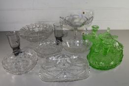 MIXED LOT COMPRISING A GREEN GLASS DRESSING TABLE SET, GLASS BOWLS AND DISHES